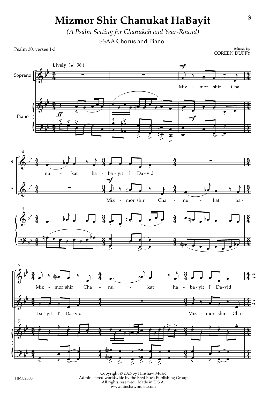 Coreen Duffy Mizmor Shir Chanukat HaBayit Sheet Music Notes & Chords for Choir - Download or Print PDF