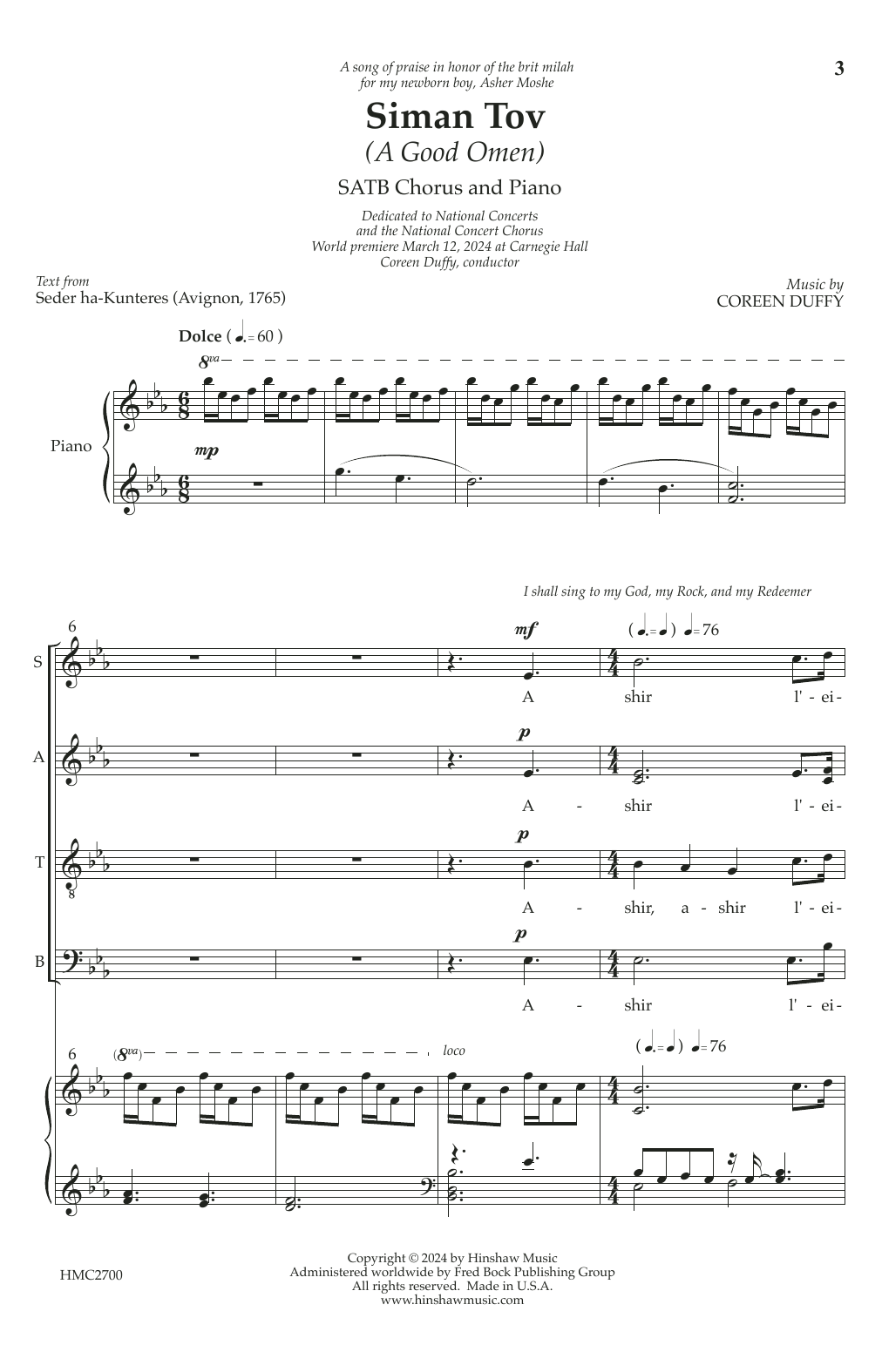 Coreen Duffy Siman Tov (A Good Omen) Sheet Music Notes & Chords for SATB Choir - Download or Print PDF