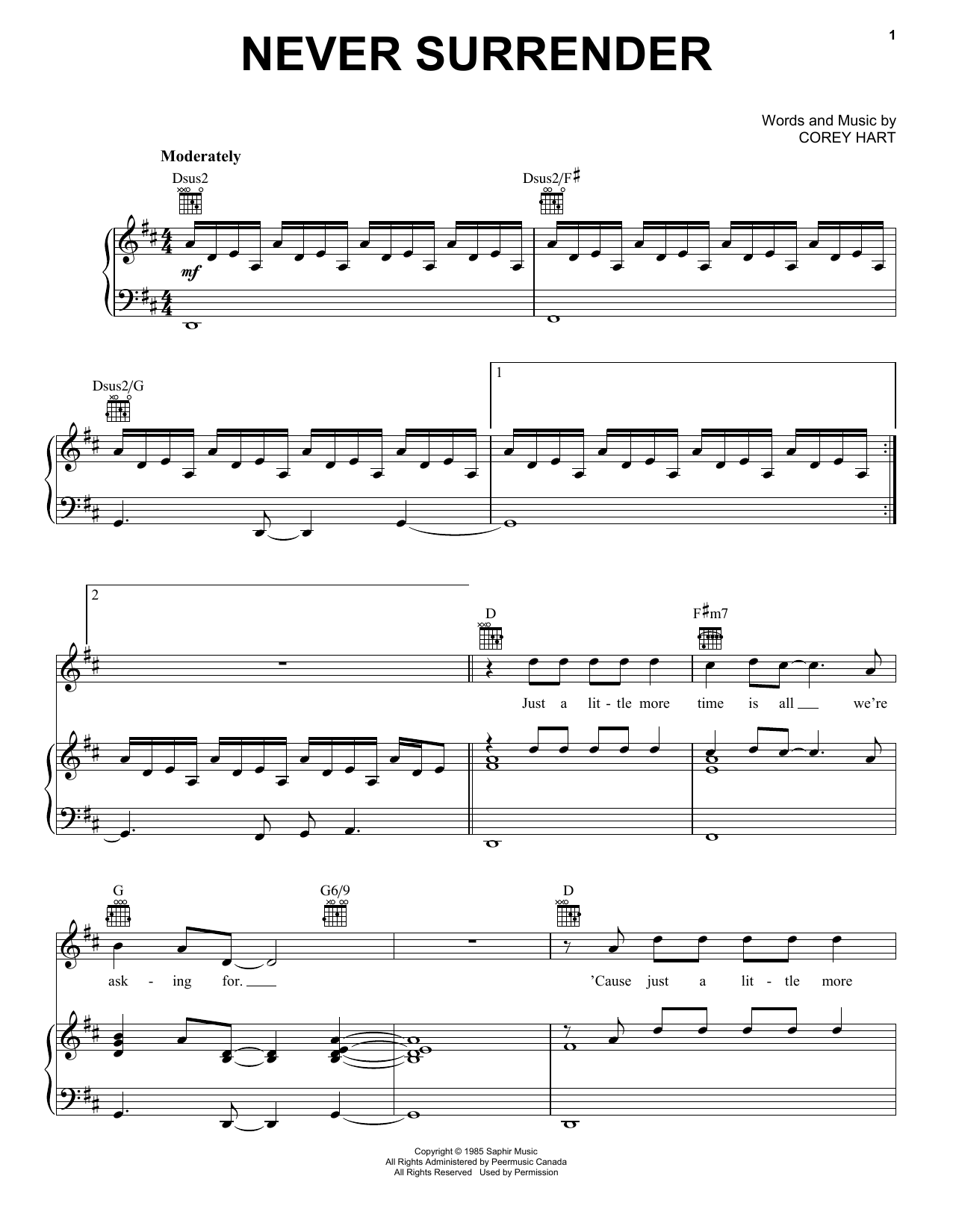 Corey Hart Never Surrender Sheet Music Notes & Chords for Piano, Vocal & Guitar (Right-Hand Melody) - Download or Print PDF