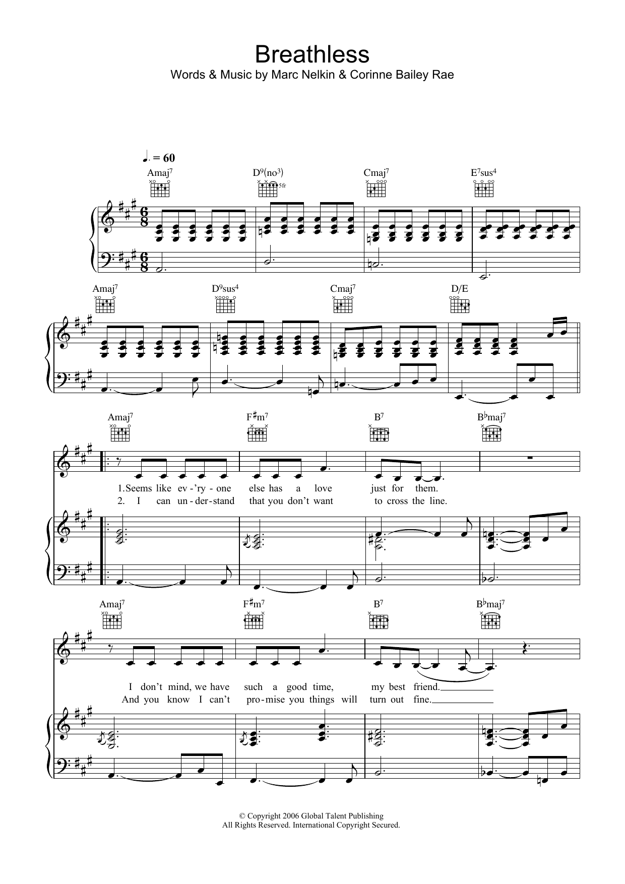 Corinne Bailey Rae Breathless Sheet Music Notes & Chords for Piano, Vocal & Guitar - Download or Print PDF