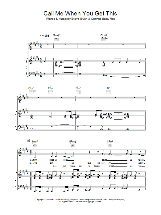 Corinne Bailey Rae Call Me When You Get This Sheet Music Notes & Chords for Piano, Vocal & Guitar - Download or Print PDF