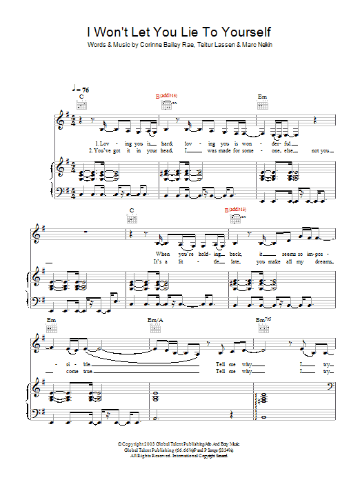 Corinne Bailey Rae I Won't Let You Lie To Yourself Sheet Music Notes & Chords for Piano, Vocal & Guitar - Download or Print PDF