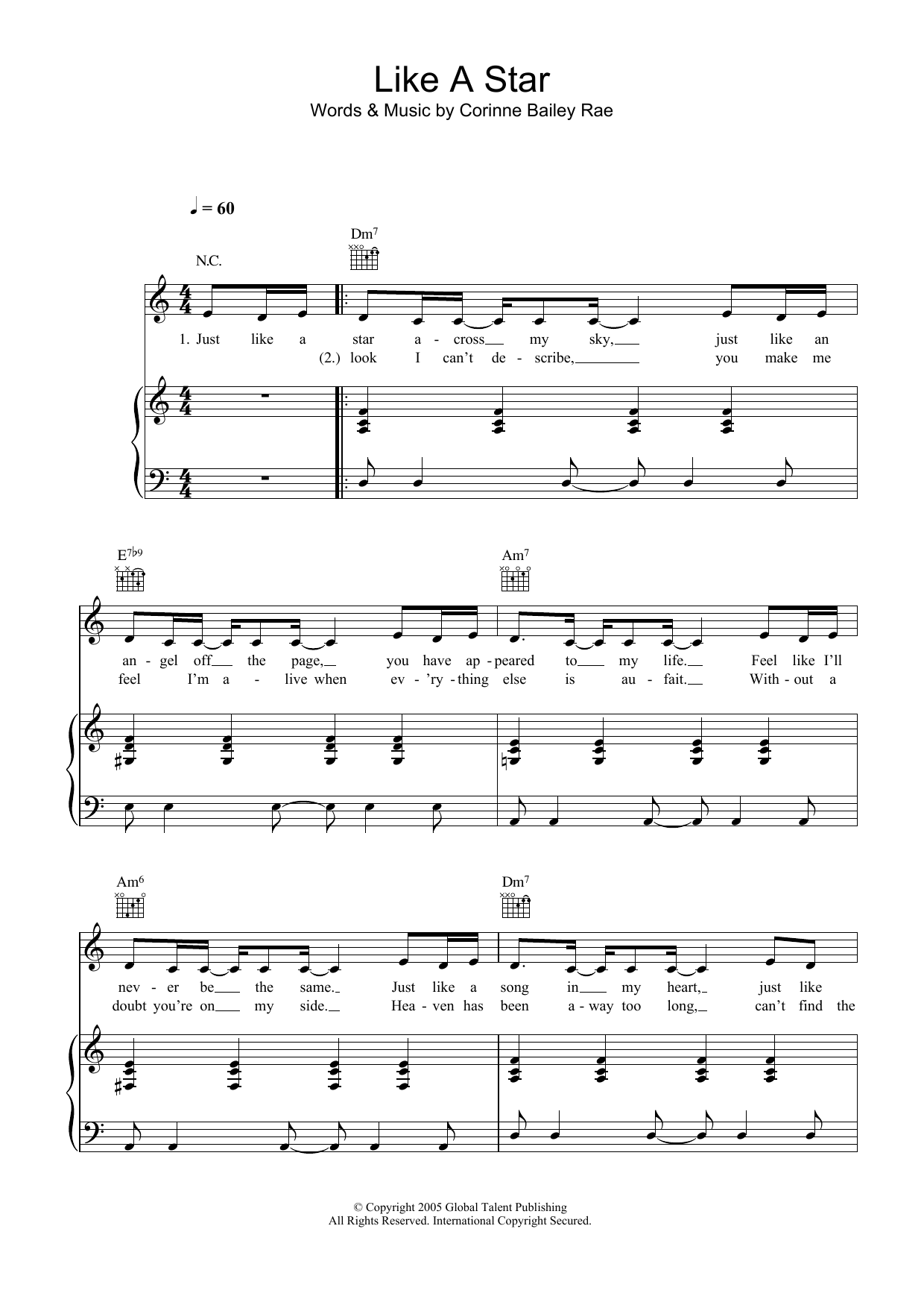 Corinne Bailey Rae Like A Star Sheet Music Notes & Chords for Piano, Vocal & Guitar - Download or Print PDF