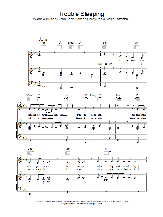 Corinne Bailey Rae Trouble Sleeping Sheet Music Notes & Chords for Piano, Vocal & Guitar (Right-Hand Melody) - Download or Print PDF