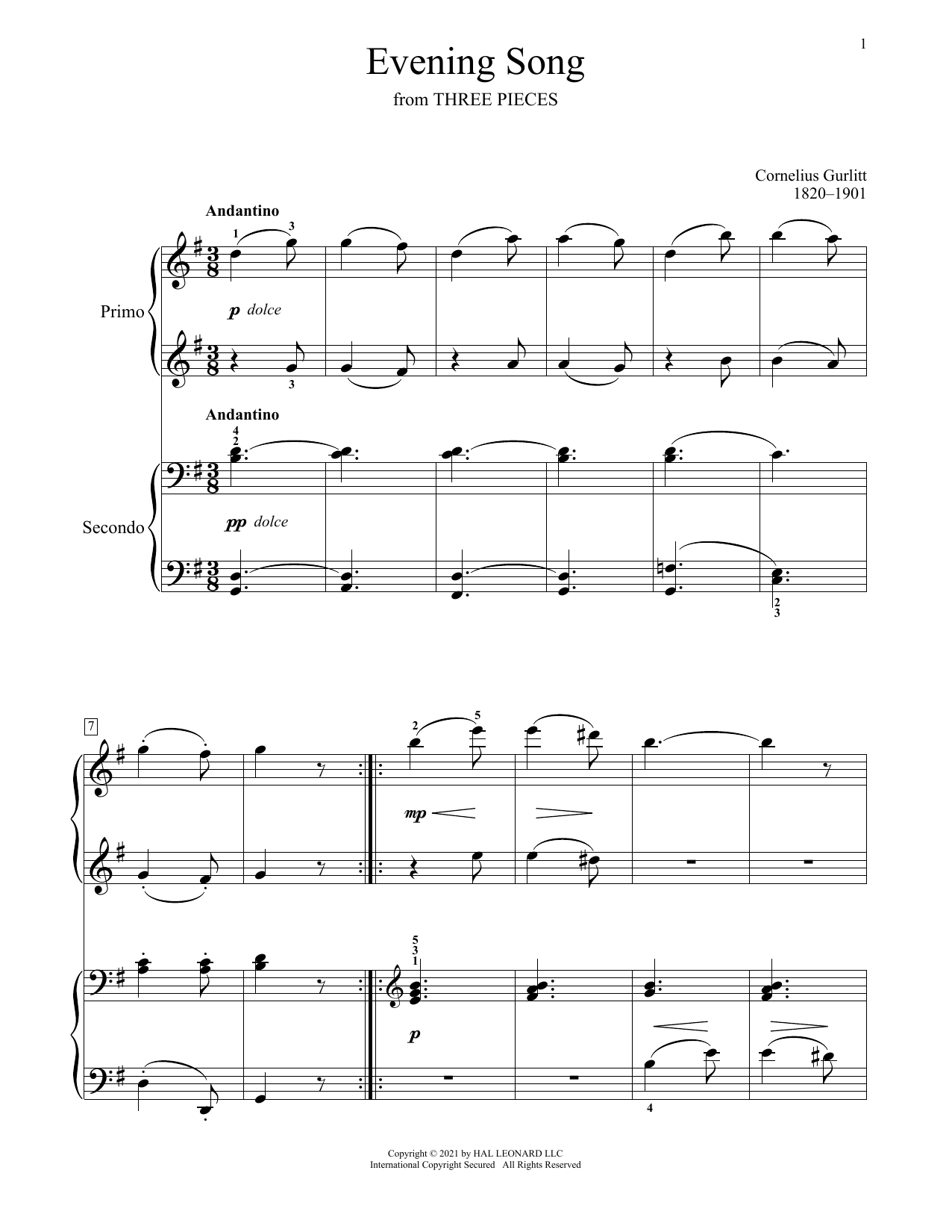 Cornelius Gurlitt Evening Song (From Three Pieces) Sheet Music Notes & Chords for Piano Duet - Download or Print PDF