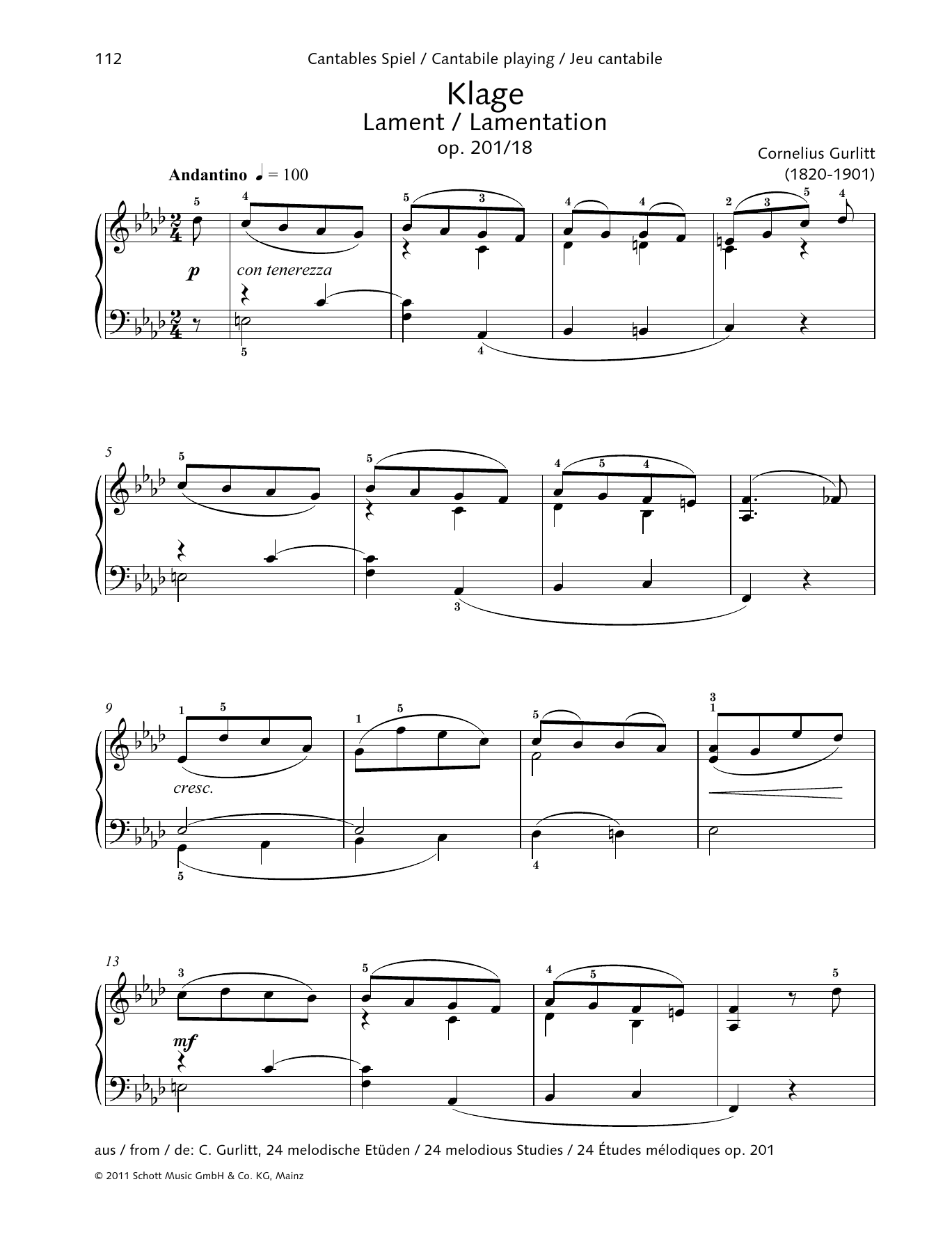 Cornelius Gurlitt Lament Sheet Music Notes & Chords for Piano Solo - Download or Print PDF