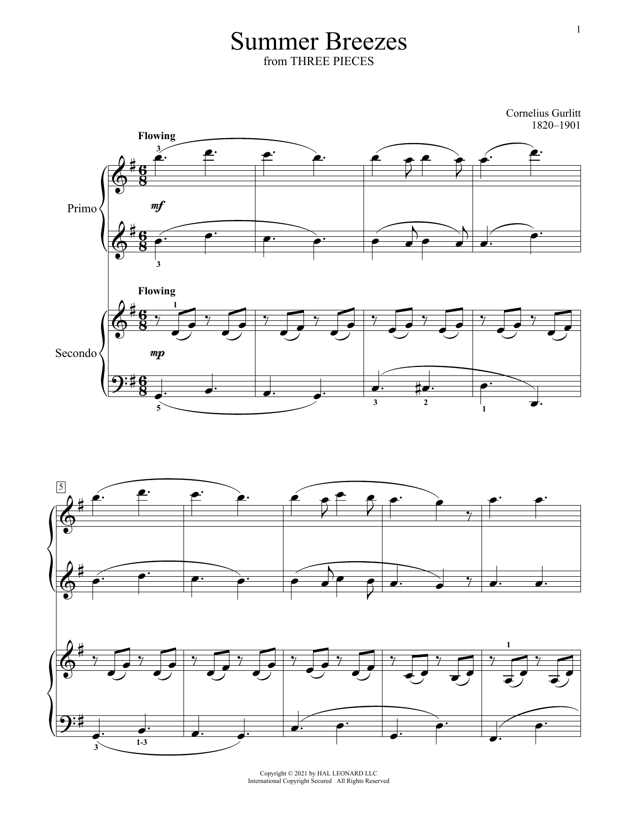 Cornelius Gurlitt Summer Breezes (From Three Pieces) Sheet Music Notes & Chords for Piano Duet - Download or Print PDF