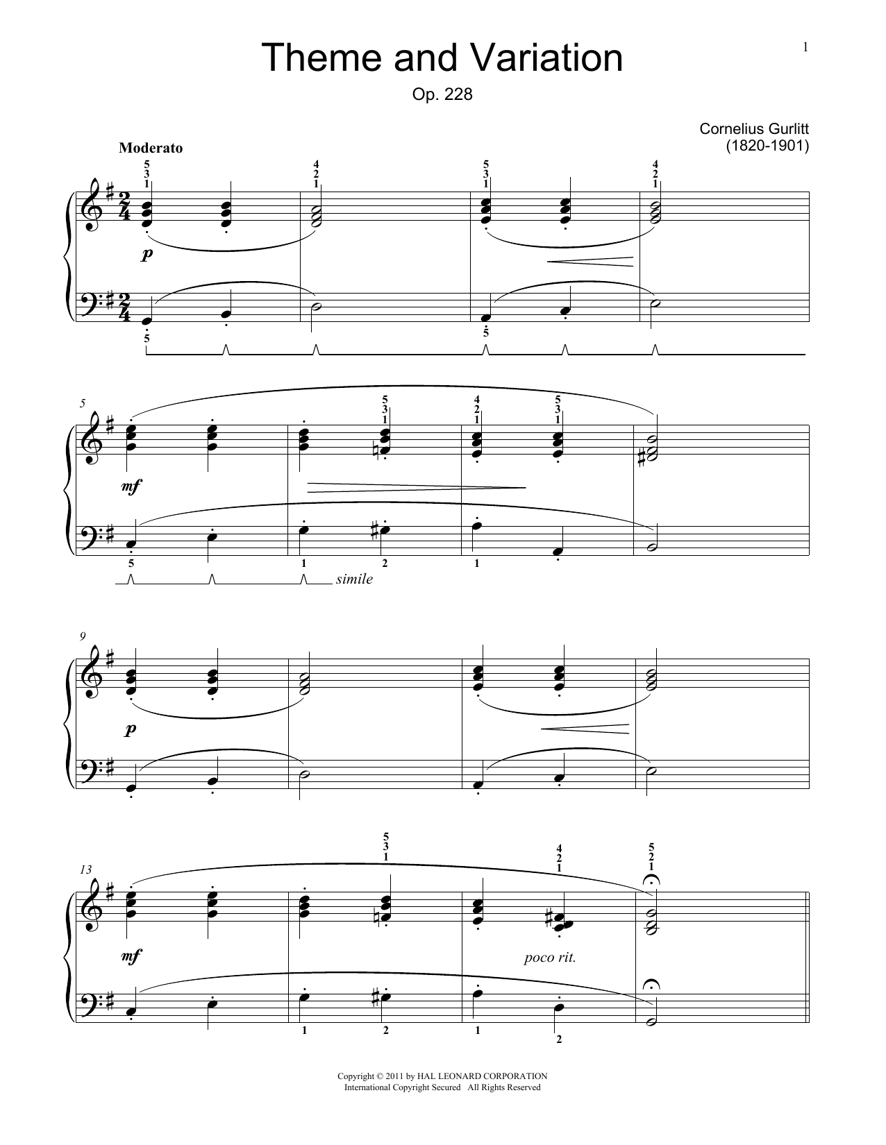 Cornelius Gurlitt Theme And Variations, Op. 228 Sheet Music Notes & Chords for Educational Piano - Download or Print PDF