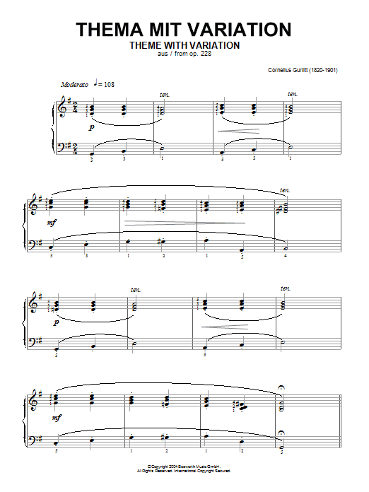 Cornelius Gurlitt Theme With Variation, From Op.228 Sheet Music Notes & Chords for Piano - Download or Print PDF