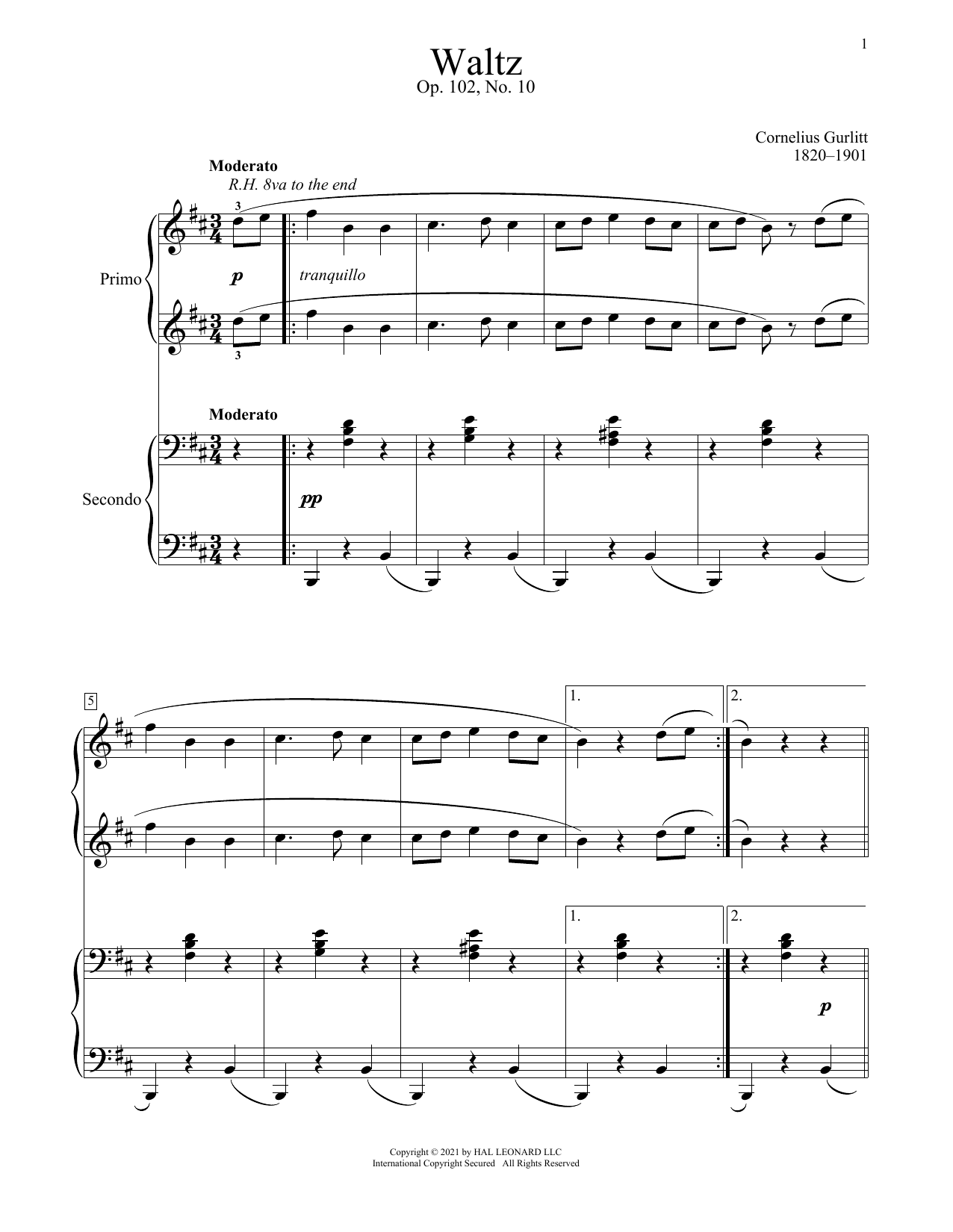 Cornelius Gurlitt Waltz, Op. 102, No. 10 Sheet Music Notes & Chords for Piano Duet - Download or Print PDF