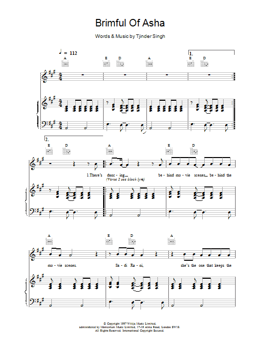 Cornershop Brimful of Asha Sheet Music Notes & Chords for Piano, Vocal & Guitar - Download or Print PDF