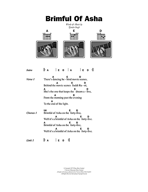 Preview Cornershop Brimful of Asha Pop sheet music, notes and chords for Piano, Vocal & Guitar, SKU: 13641 sheet music, piano notes, chords, guitar tabs, score, transpose, transcribe, how to play, guide, download, learn, tutorial, progression, song, artist, awards, billboard, mtv, vh1, tour, single, album, release
