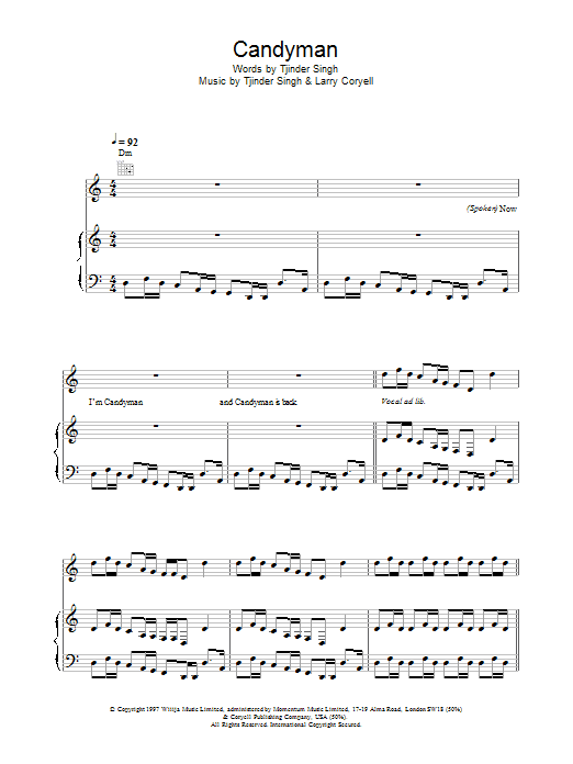 Cornershop Candyman Sheet Music Notes & Chords for Piano, Vocal & Guitar - Download or Print PDF