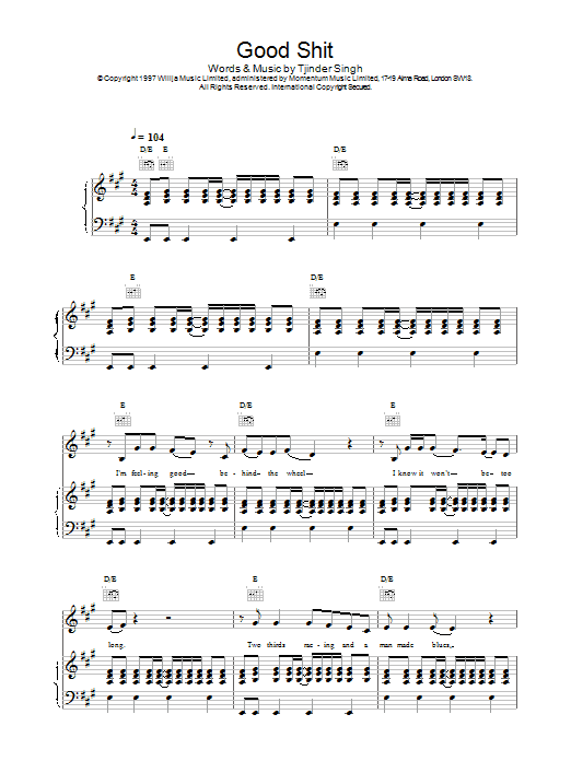 Cornershop Good Shit Sheet Music Notes & Chords for Piano, Vocal & Guitar - Download or Print PDF