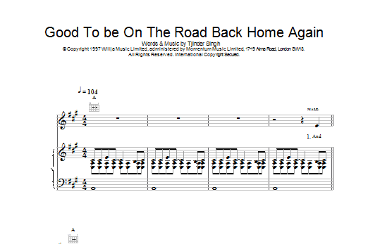 Cornershop Good To Be On The Road Back Home Again Sheet Music Notes & Chords for Piano, Vocal & Guitar - Download or Print PDF