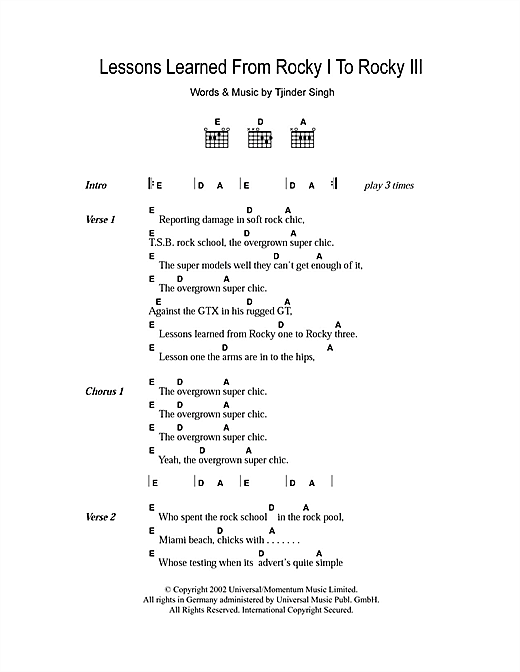 Cornershop Lessons Learned From Rocky I To Rocky III Sheet Music Notes & Chords for Lyrics & Chords - Download or Print PDF