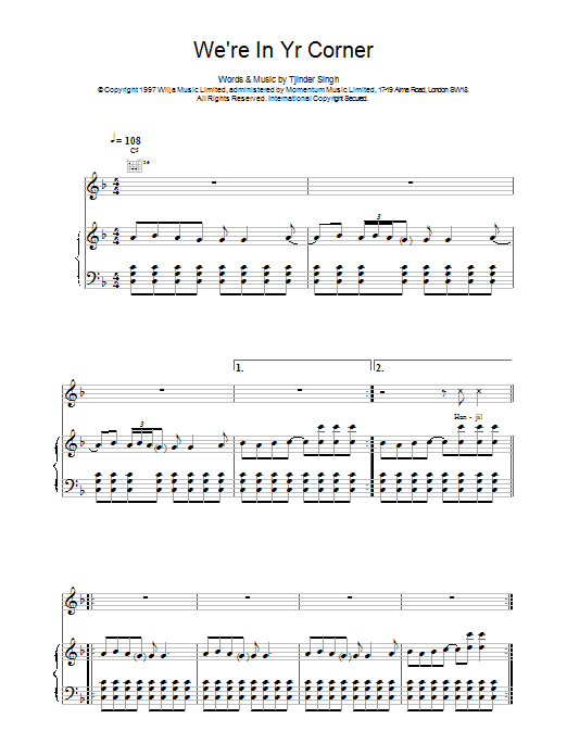 Cornershop We're In Your Corner Sheet Music Notes & Chords for Piano, Vocal & Guitar (Right-Hand Melody) - Download or Print PDF