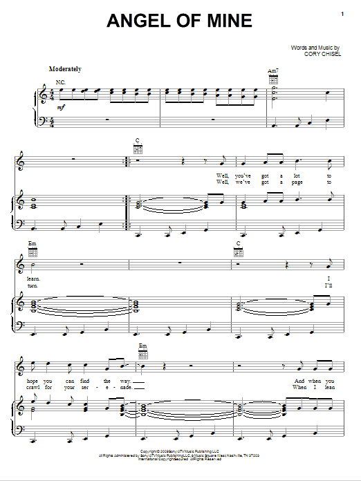 Cory Chisel And The Wandering Sons Angel Of Mine Sheet Music Notes & Chords for Piano, Vocal & Guitar (Right-Hand Melody) - Download or Print PDF