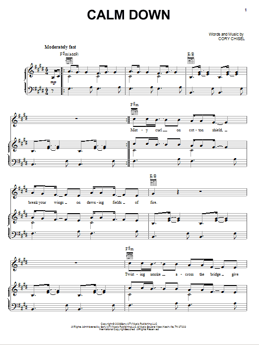 Cory Chisel And The Wandering Sons Calm Down Sheet Music Notes & Chords for Piano, Vocal & Guitar (Right-Hand Melody) - Download or Print PDF