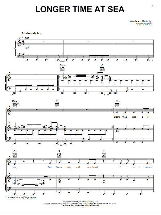 Cory Chisel And The Wandering Sons Longer Time At Sea Sheet Music Notes & Chords for Piano, Vocal & Guitar (Right-Hand Melody) - Download or Print PDF