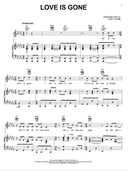 Cory Chisel And The Wandering Sons Love Is Gone Sheet Music Notes & Chords for Piano, Vocal & Guitar (Right-Hand Melody) - Download or Print PDF