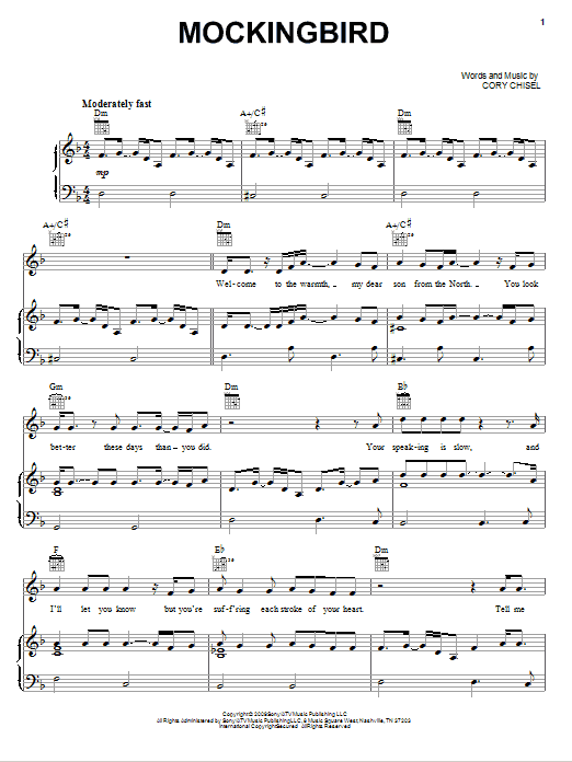 Cory Chisel And The Wandering Sons Mockingbird Sheet Music Notes & Chords for Piano, Vocal & Guitar (Right-Hand Melody) - Download or Print PDF