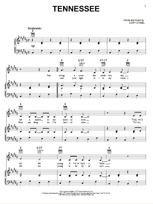 Cory Chisel And The Wandering Sons Tennessee Sheet Music Notes & Chords for Piano, Vocal & Guitar (Right-Hand Melody) - Download or Print PDF