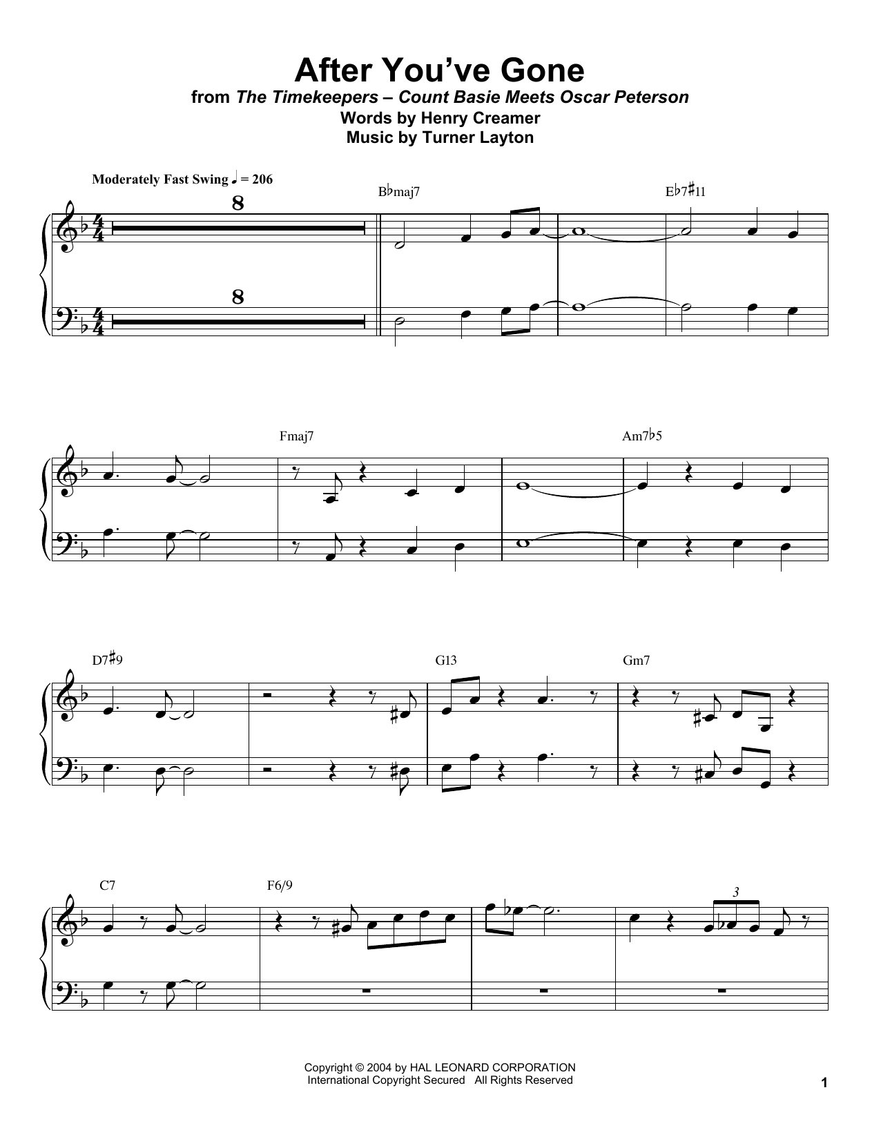 Count Basie After You've Gone Sheet Music Notes & Chords for Piano Transcription - Download or Print PDF