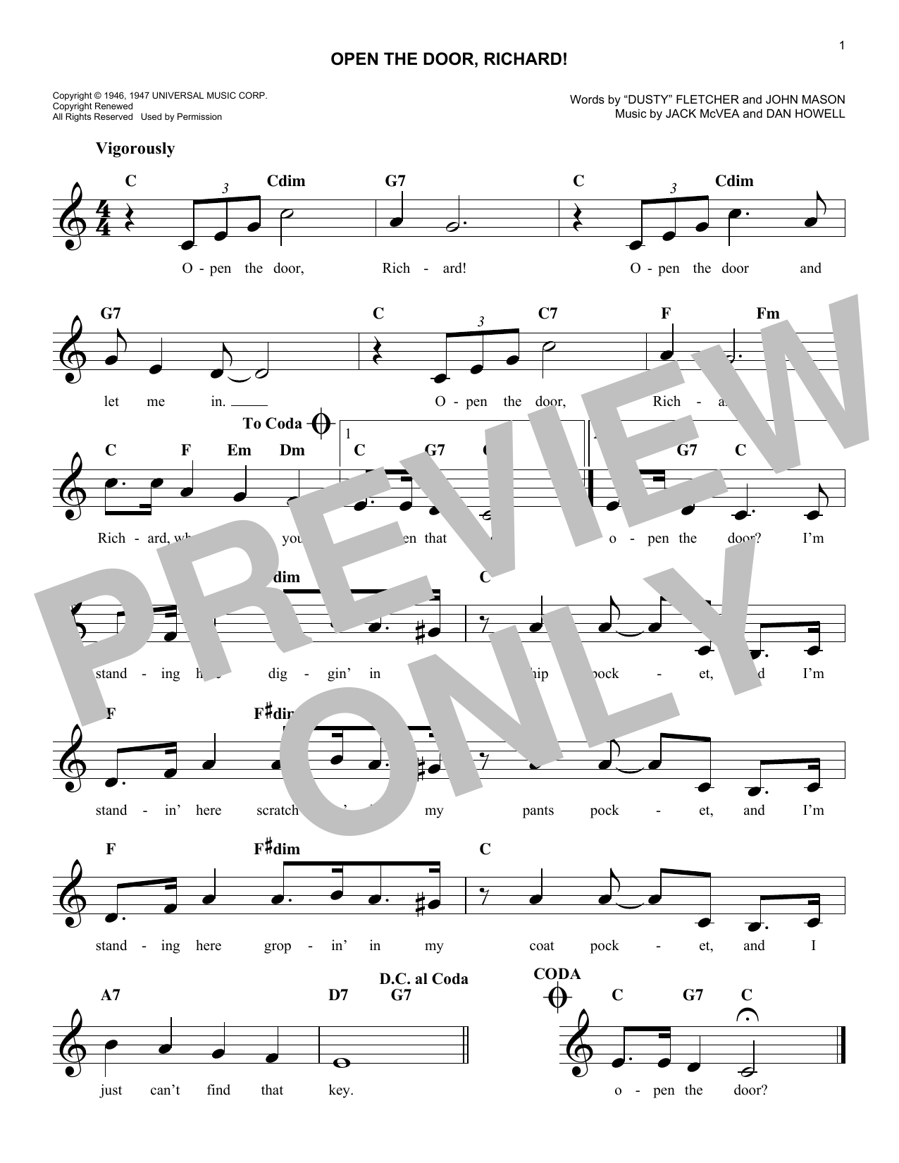 Count Basie and His Orchestra Open The Door, Richard! Sheet Music Notes & Chords for Melody Line, Lyrics & Chords - Download or Print PDF Count Basie and His Orchestra Open The Door, Richard! Sheet Music Notes & Chords for Melody Line, Lyrics & Chords - Download or Print PDF