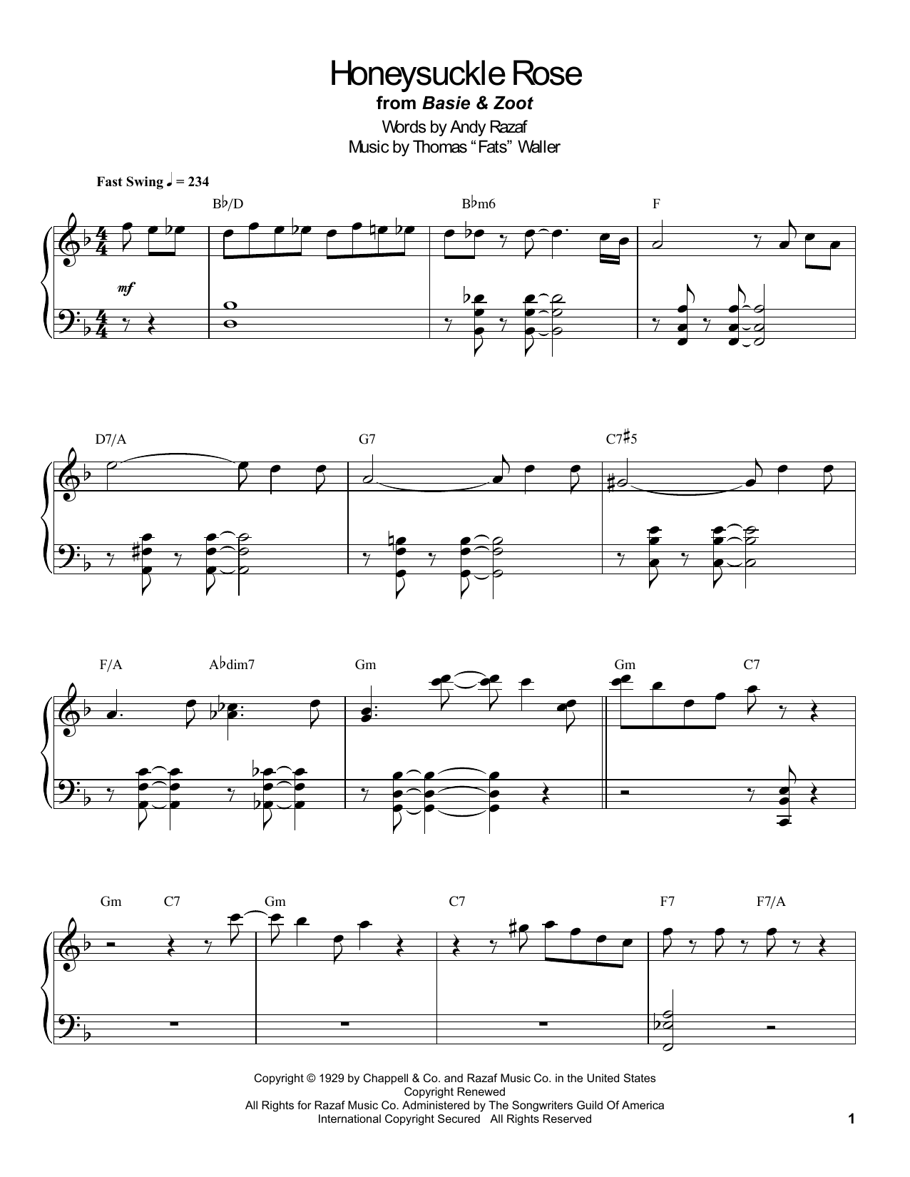 Count Basie Honeysuckle Rose Sheet Music Notes & Chords for Piano Transcription - Download or Print PDF