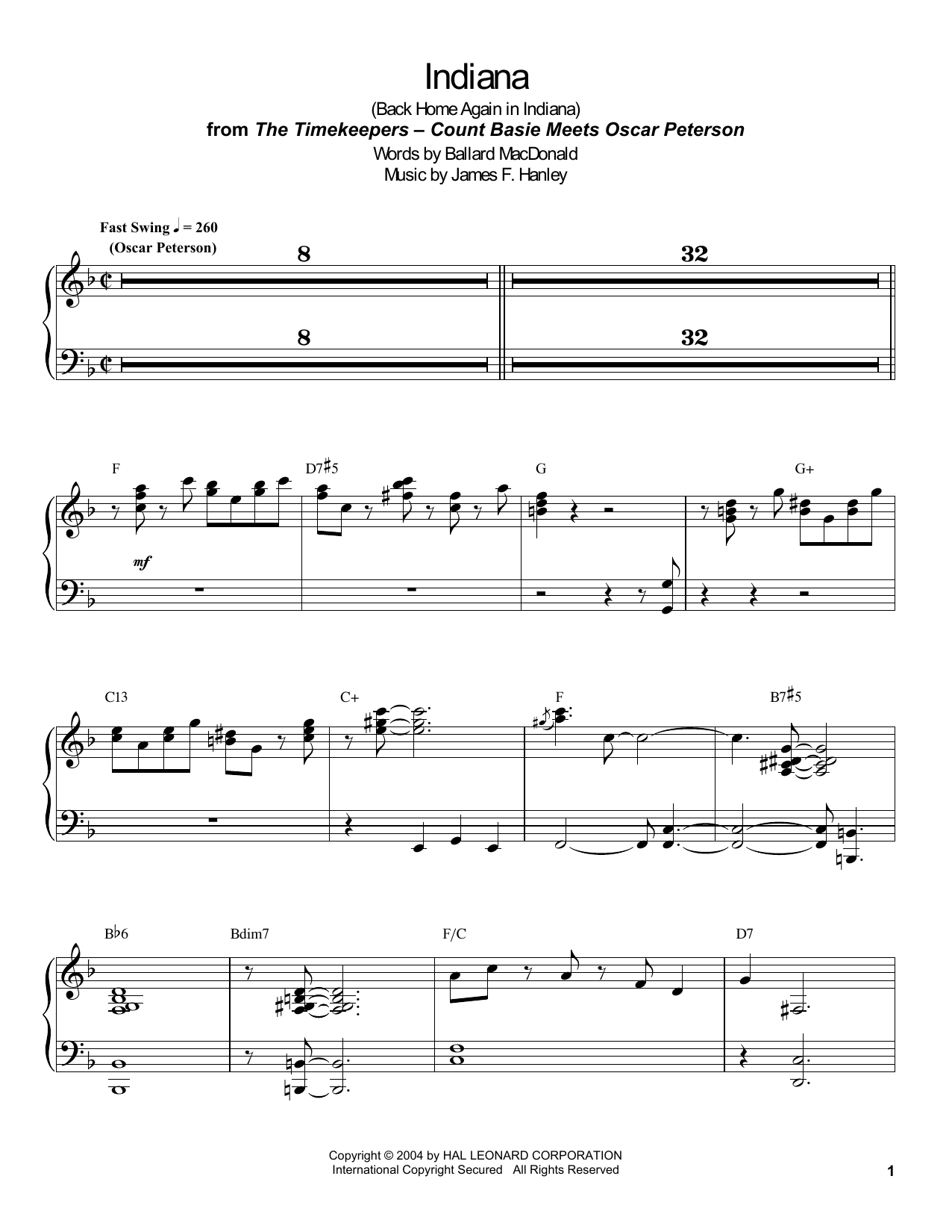 Count Basie Indiana (Back Home Again In Indiana) Sheet Music Notes & Chords for Piano Transcription - Download or Print PDF