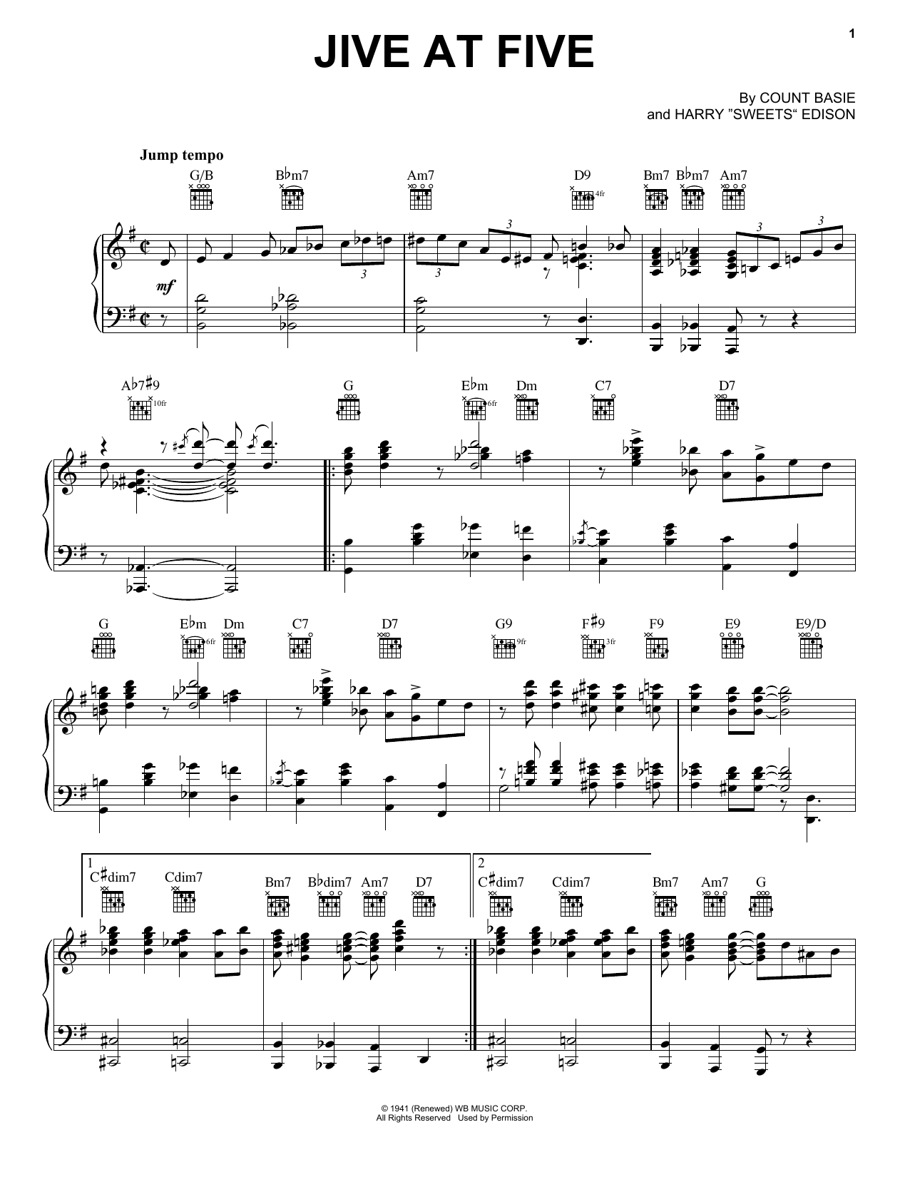 Count Basie Jive At Five Sheet Music Notes & Chords for Piano, Vocal & Guitar (Right-Hand Melody) - Download or Print PDF