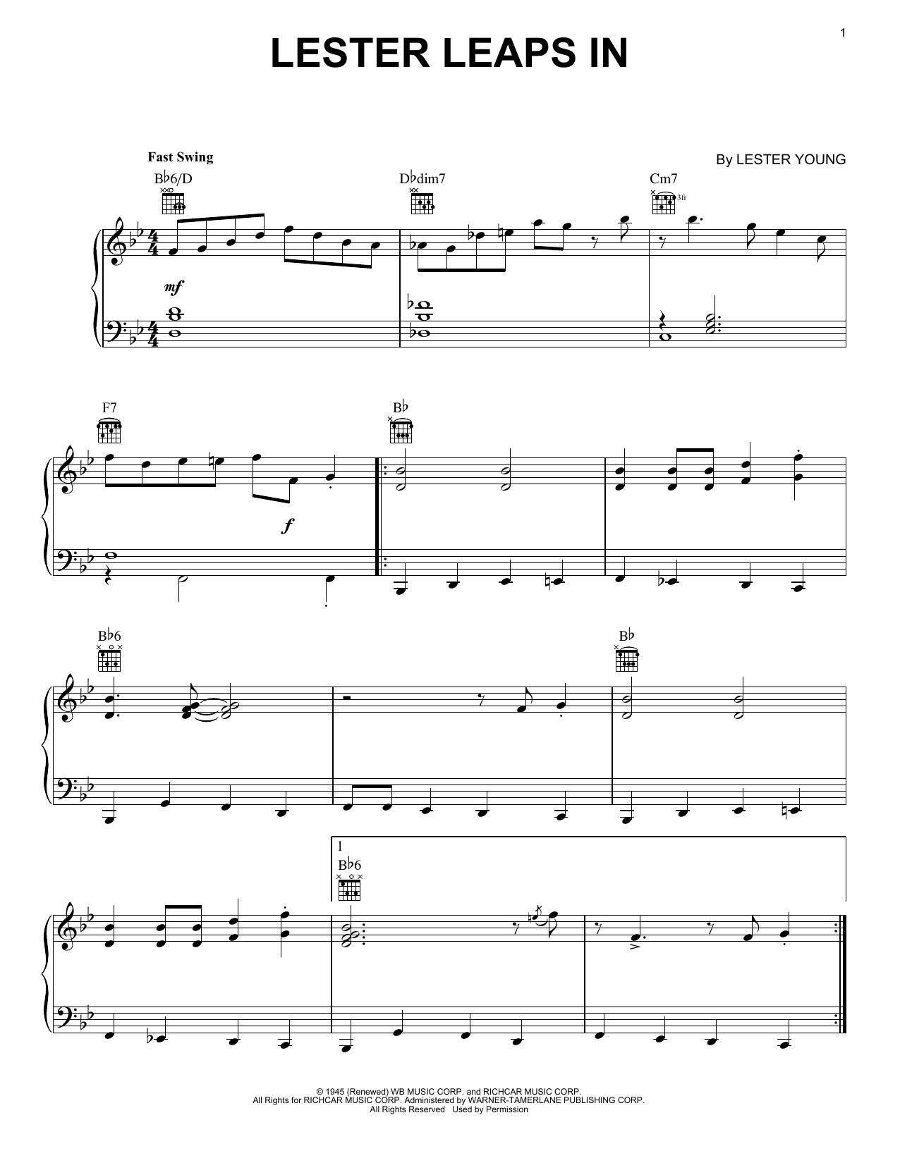 Count Basie Lester Leaps In Sheet Music Notes & Chords for Piano, Vocal & Guitar (Right-Hand Melody) - Download or Print PDF