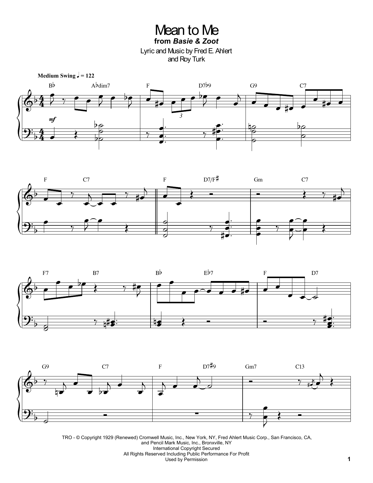 Count Basie Mean To Me Sheet Music Notes & Chords for Piano Transcription - Download or Print PDF