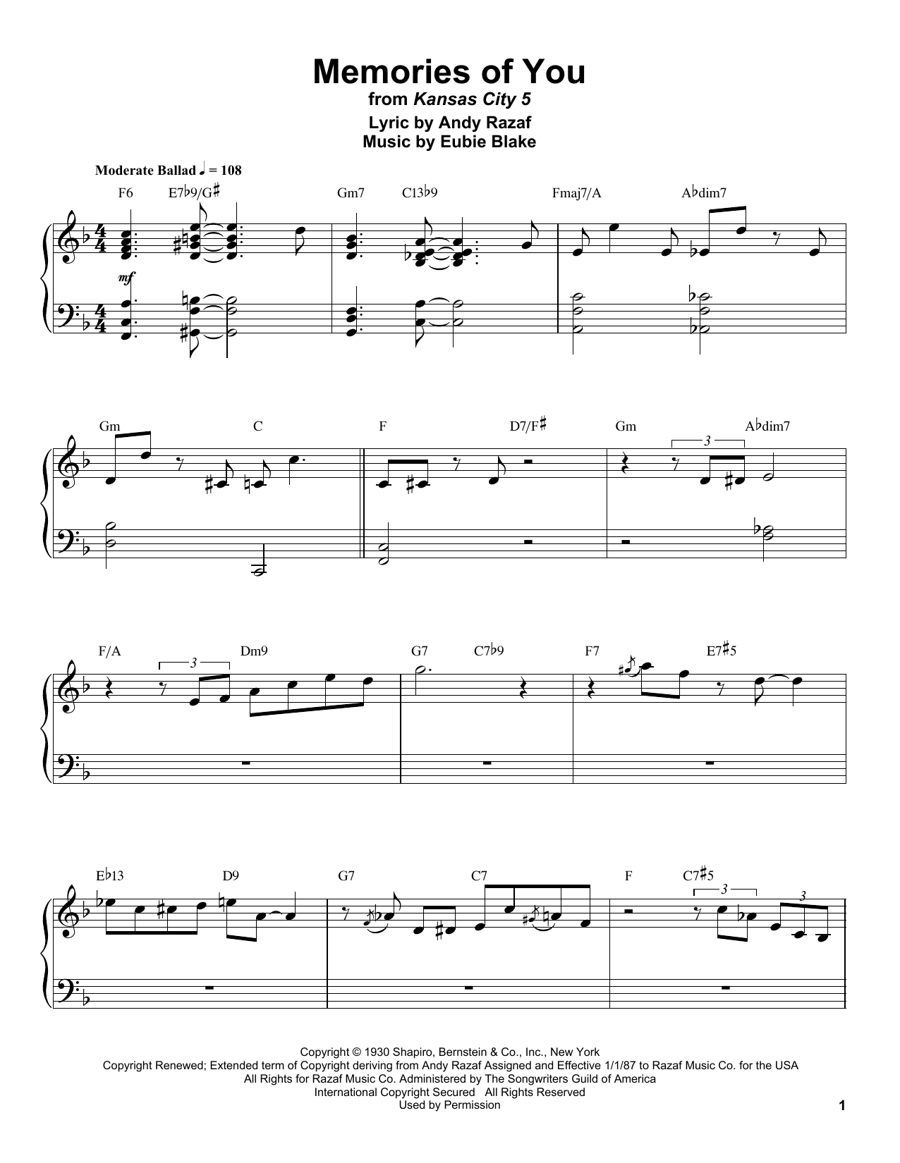 Count Basie Memories Of You Sheet Music Notes & Chords for Piano Transcription - Download or Print PDF