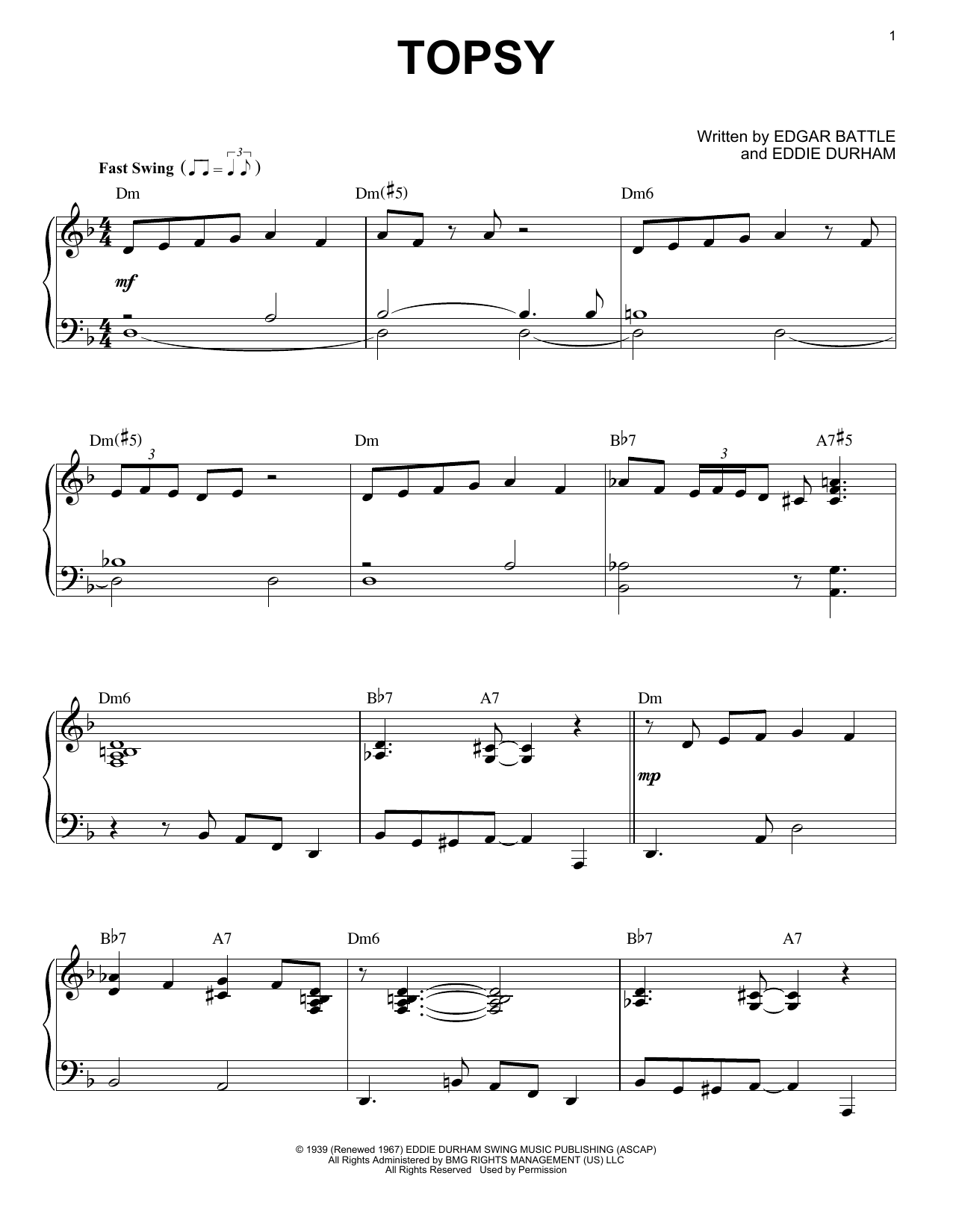 Count Basie Topsy Sheet Music Notes & Chords for Piano, Vocal & Guitar (Right-Hand Melody) - Download or Print PDF