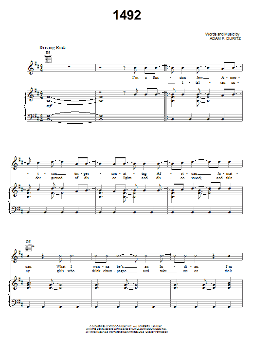 Counting Crows 1492 Sheet Music Notes & Chords for Piano, Vocal & Guitar (Right-Hand Melody) - Download or Print PDF