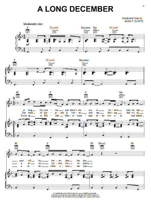 Counting Crows A Long December Sheet Music Notes & Chords for Lyrics & Chords - Download or Print PDF
