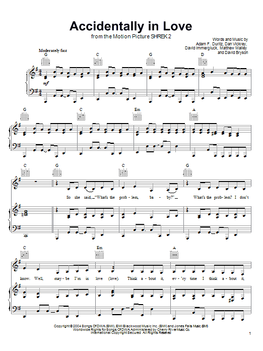 Counting Crows Accidentally In Love Sheet Music Notes & Chords for Lyrics & Chords - Download or Print PDF