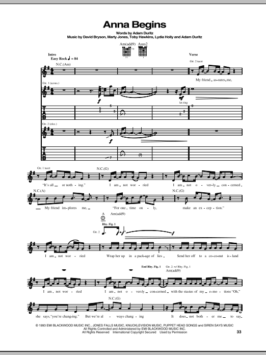 Counting Crows Anna Begins Sheet Music Notes & Chords for Guitar Tab - Download or Print PDF