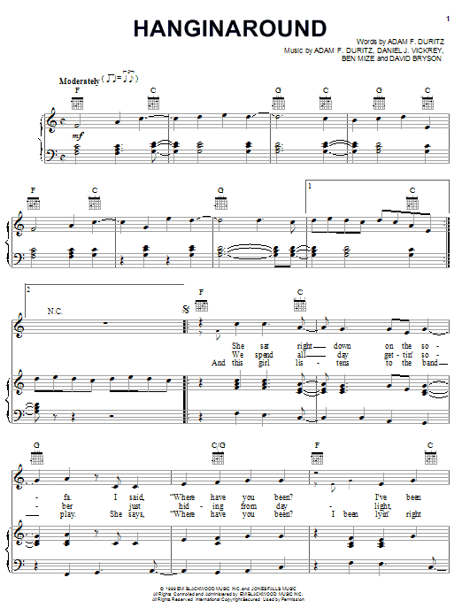 Counting Crows Hanginaround Sheet Music Notes & Chords for Piano, Vocal & Guitar (Right-Hand Melody) - Download or Print PDF