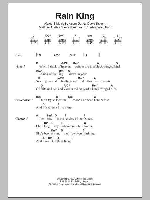 Counting Crows Rain King Sheet Music Notes & Chords for Melody Line, Lyrics & Chords - Download or Print PDF