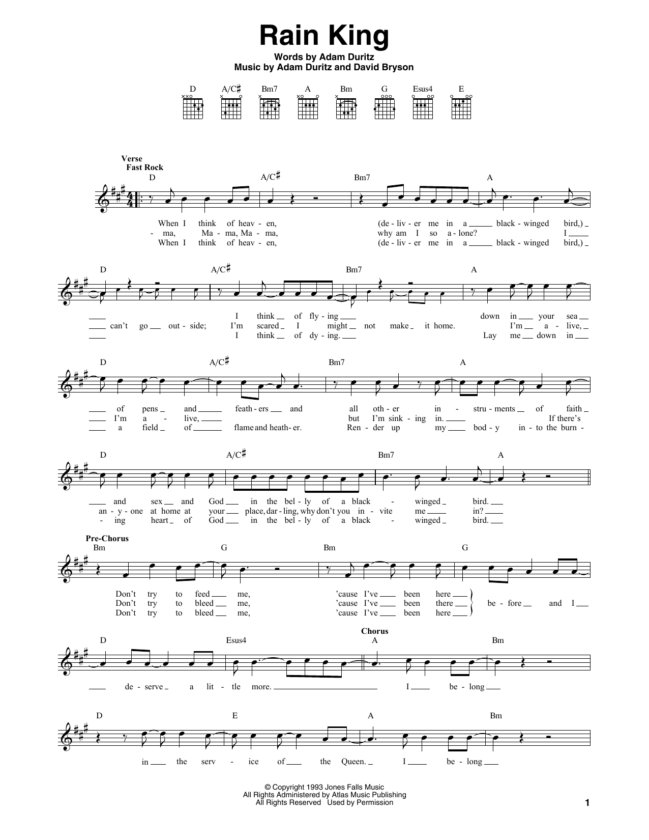 Counting Crows Rain King Sheet Music Notes & Chords for Melody Line, Lyrics & Chords - Download or Print PDF