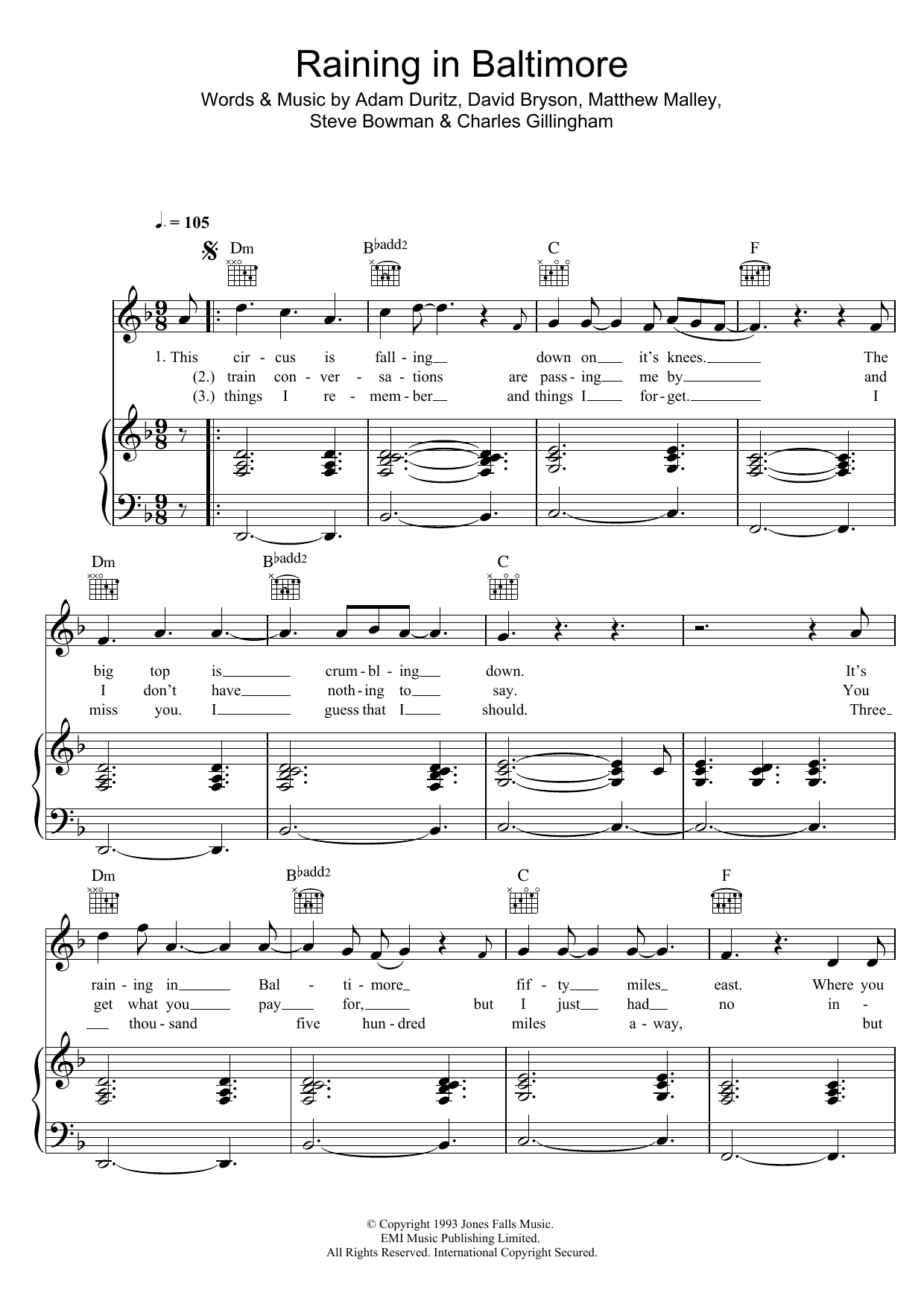 Counting Crows Raining In Baltimore Sheet Music Notes & Chords for Piano, Vocal & Guitar - Download or Print PDF