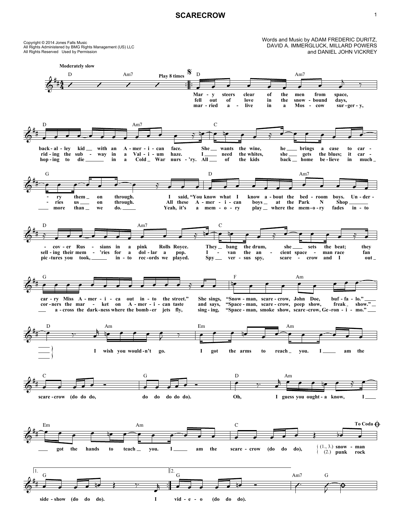 Counting Crows Scarecrow Sheet Music Notes & Chords for Melody Line, Lyrics & Chords - Download or Print PDF