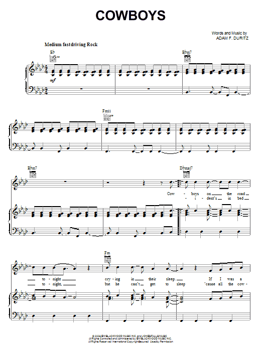 Preview Counting Crows Cowboys Rock sheet music, notes and chords for Piano, Vocal & Guitar (Right-Hand Melody), SKU: 67832 Cowboys sheet music