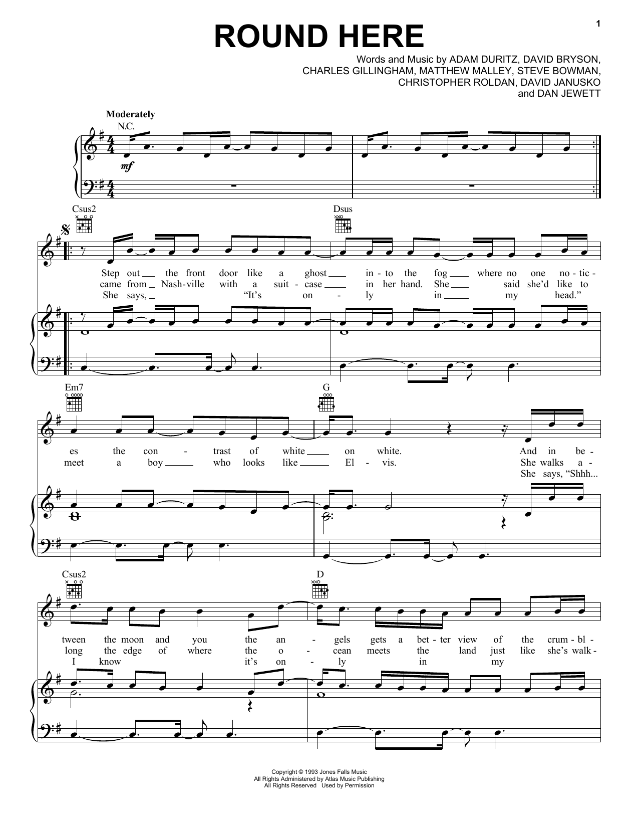 Preview Counting Crows Round Here Rock sheet music, notes and chords for Piano, Vocal & Guitar (Right-Hand Melody), SKU: 18175 sheet music, piano notes, chords, guitar tabs, score, transpose, transcribe, how to play, guide, download, learn, tutorial, progression, song, artist, awards, billboard, mtv, vh1, tour, single, album, release