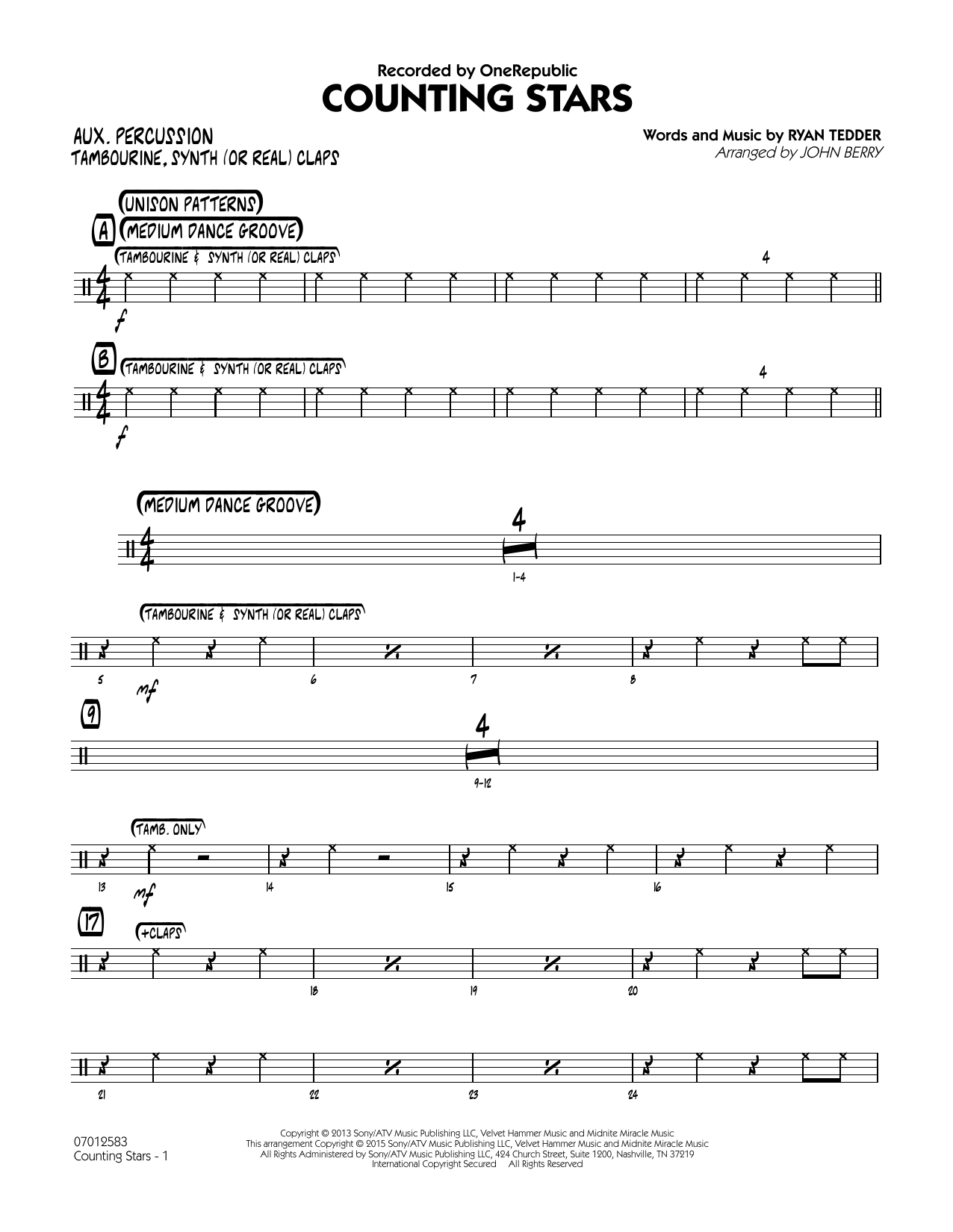 John Berry Counting Stars Aux Percussion Sheet Music Download Pdf Score 341557