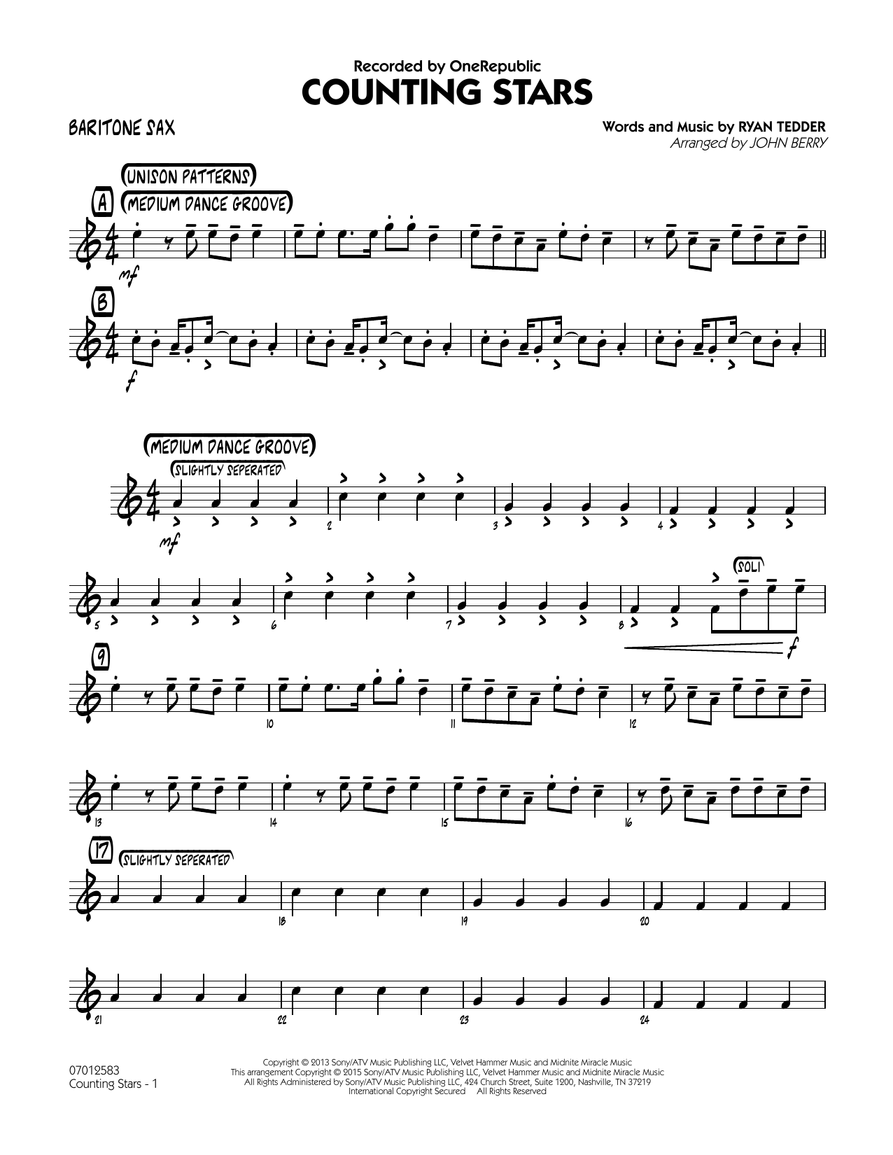 John Berry Counting Stars Baritone Sax Sheet Music Download Pdf Score 341546
