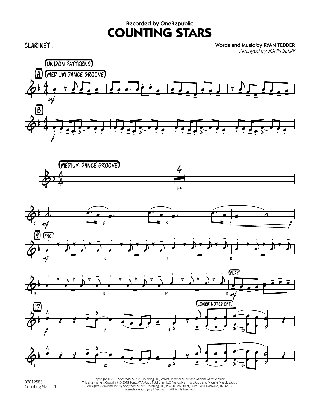 John Berry Counting Stars Bb Clarinet 1 Sheet Music Download Pdf Score 341559